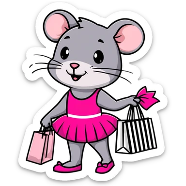 rat with a pink dress and tutu holding a black and white striped shopping bag sticker