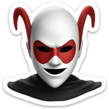 A red and black jester with a white minimalist mask with two red cuts on his eyes and an open mouth smiling empty sticker