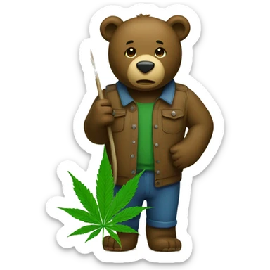A brown bear is holding a flag on which there is a a green cannabis leaf.  sticker