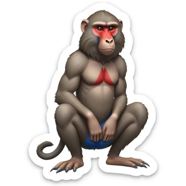 cinematic-baboon-realistic-full-body-sitting-emoji,-muscular-arms-resting-on-its-knees,-head-tilted-dramatically,-thick-grey-and-brown-fur,-bright-red-and-blue-muzzle-standing-out,-simplified-yet-realistic-focused-features,-highly-detailed,-glowing-with-an-almost-sarcastic-glow sticker