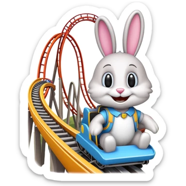 bunny mascot with a roller coaster in the background, inspired by Walibi amusement park sticker