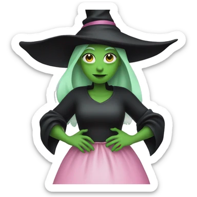 Witch dressed in black with green skin hugging pink dressed white witch sticker