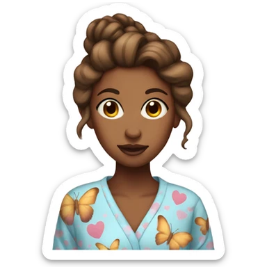 Brown female with messy hair in a bun wearing a pajama dress with a butterfly heart on it  sticker