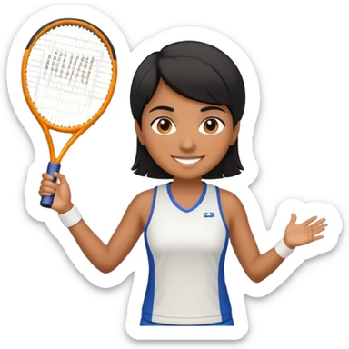 Chindian tennis coach, caramel brown, short straight hair, oval face, small eyes, big smile, wearing tennis outfit sticker