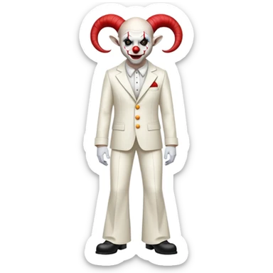 full-body demonic clown in a white leisure suit with bellbottom pants, bald, with black ram horns, wearing elevator shoes sticker
