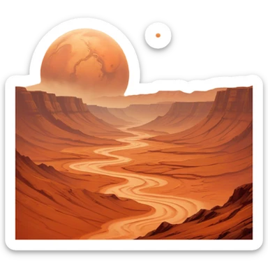Cinematic Realistic Mars, portrayed with rugged, rust-colored landscapes, deep canyons, and swirling dust storms rendered with lifelike texture and an orange-hued glow that evokes the enigmatic allure of the Red Planet. sticker