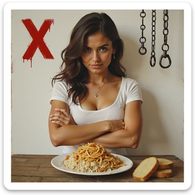 realistic style woman with defensive expression, crossed arms, face turned away from a plate of bread, pasta, rice, and potatoes, symbols of refusal including a red Italian X and chains, Italian text if present sticker