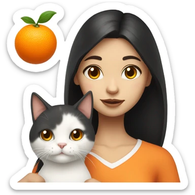 Girl with dark hair and white skin holding orange and white cat   sticker