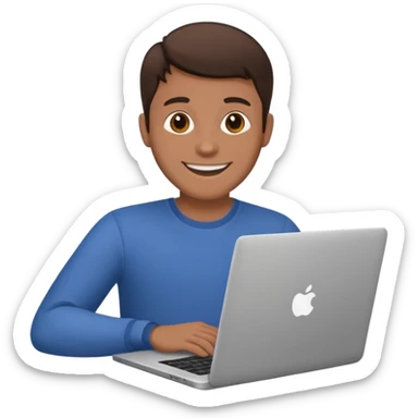 happy man on laptop with brunette skin color sticker