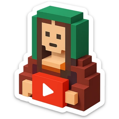 voxel-style Mona Lisa portrait holding a red YouTube play button, isometric view sticker