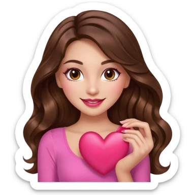girl with long wavy brown hair, brown eyes, long lashes makeup, sexy pink lips, light to medium complexion, wearing a pink sexy top, smiling, holding a big heart sticker
