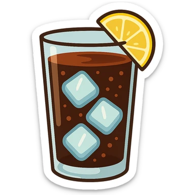 flat toon glass of cola with 3 ice cubes and a wedge of lemon sticker