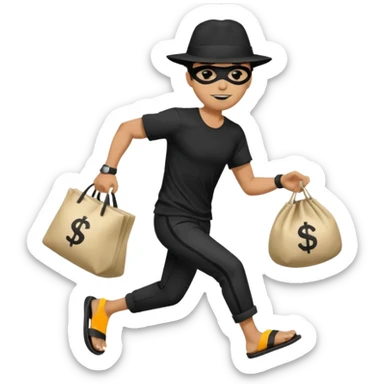 Make a man wear a black pant and he shirt is balck line and white line and wear a black hat and he holding a money bag and he running he wear a black eye thing no money in the Left hand and he yellow and the money bag in the right he wear a flip flop like this is Money bag 💰 NO MONEY sticker