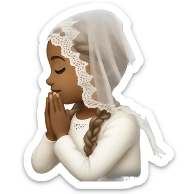 Light skin girl praying with eyes closed and lace white veil with brown boy sticker
