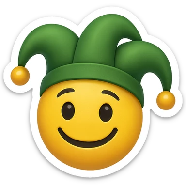 yellow face with green jester hat, digital illustration, emoji style, no background sticker