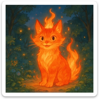 fire cat, ghibli style illustration sticker