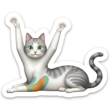 grey and white cat with green eyes doing a big extremely long stretch reaching up into the air with arms and legs side by side together straight and overextended whilst lying on its side sticker
