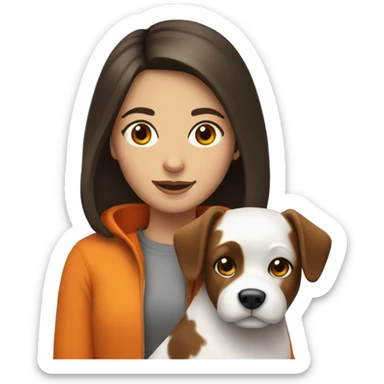 Brunette girl with a orange and withe dog sticker