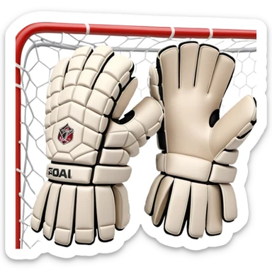 Cinematic Realistic image of goalie gloves showcasing detailed fabric textures and intricate grip patterns, rendered against a blurred goal backdrop with focused, high-contrast lighting that accentuates their essential design sticker