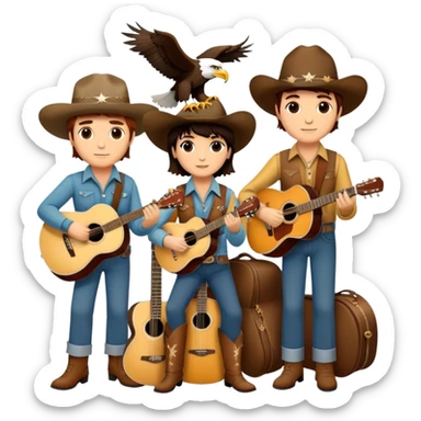 Icon for Country Music: A collage featuring Eagles as a band, Ricky Nelson, and Linda Ronstadt. Acoustic guitars, banjo, cowboy hats and a vintage Americana aesthetic evoke the spirit of classic country and country rock. Warm earthy tones. Transparent background. sticker