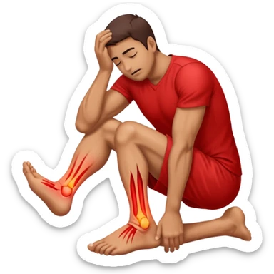 Man holding his foot in pain, muscle cramp in feet, red pain highlight on foot, simple medical emoji style, clean background sticker