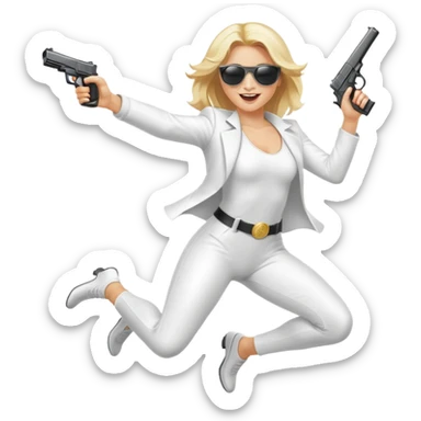 Mafia blondes woman Jumping for joy , in sunglasses, gun ,money , white costume  sticker