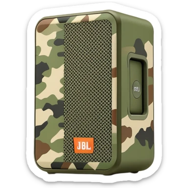 JBL Go 4 speaker in army camouflage print, minimal design aesthetic, compact speaker with simplified details, military pattern sticker
