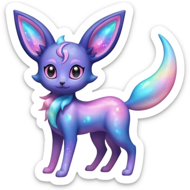 Shiny Iridescent Nebulae Espeon-Umbreon-Sylveon-Fakémon-hybrid-creature (full body)  with a galaxy-dust-flowing-gradient-tail sticker