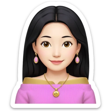 South Korean girl in her mid-thirties with long black hair and a middle part. She is wearing a baby pink, off the shoulder long sleeve knit sweater. She has small gold earrings and a gold necklace. She has brown eyes with narrow, mono lid shape and smiling with lips together sticker