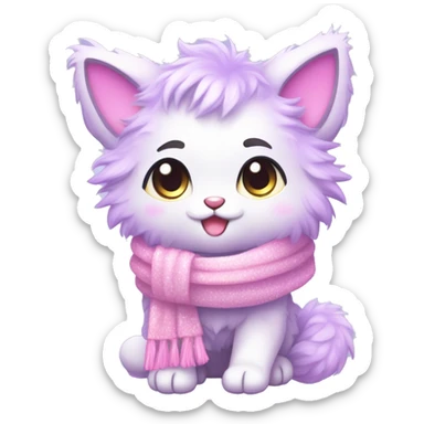 Edgy Kawaii cute gorgeous colorful sparkly bright light pastel lilac-pink-white-gradient fantasy ethereal fluffy fursona animal creature with a cute scarf full body sticker