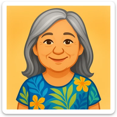 A woman with light complexion, oval face with soft rounded features, full cheeks, gentle almond-shaped eyes with subtle smile lines, longer silver-gray hair parted to the side, wearing a vibrant short-sleeved blouse with tropical print in blue, green, and yellow, exuding warmth and joy, emoji style. sticker