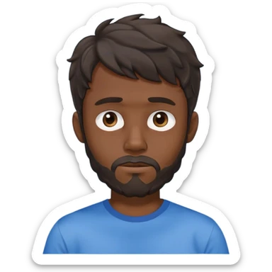 Man with longer dark brown wavy hair past ears with wavy bangs, short beard covering whole face, neutral expression, basic blue t-shirt sticker