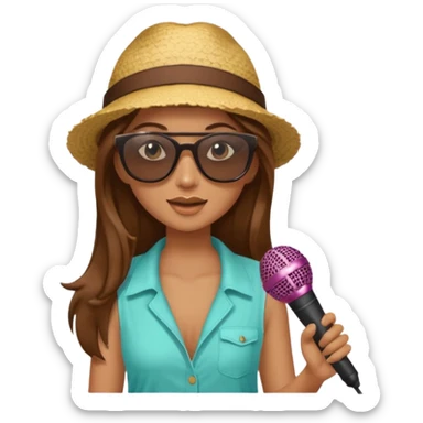 long haired woman with summer clothes and sun glasses holding microphone sticker