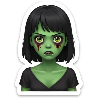 faça uma garota na forma de zumbi com a pele verde, assustada e com os olhos pretos escuros, com o cabelo preto longo e com franja e a roupa decotada preta sticker
