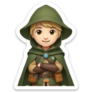 Clash of Clans aesthetic Playful Ranger Portrait Emoji, Head tilted with a friendly, mischievous smile and bright, curious eyes, featuring a compact, nimble build outfitted in rugged, earthy gear and a stylish cloak, his natural skin tone adding authenticity, Simplified yet irresistibly charming features, highly detailed, glowing with a warm, inviting forest glow, high shine, spirited and lively, stylized with an air of whimsical woodland adventure, soft glowing outline, capturing the essence of a playful ranger exuding friendly natural charm! sticker