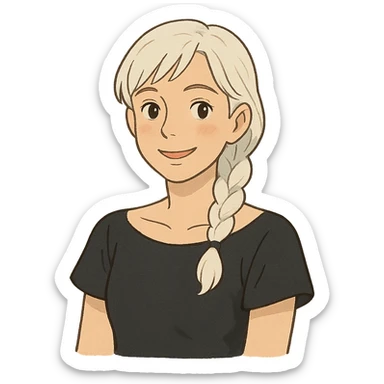 young female counselor, white hair in braid, black off-shoulder top, warm and approachable, ghibli style sticker