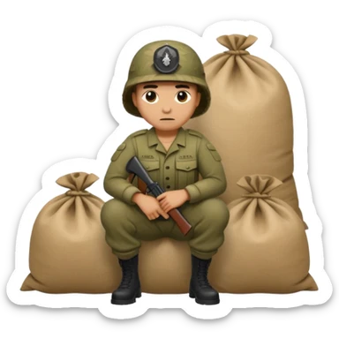 a camouflaged figure crouching behind sandbags, war setting sticker