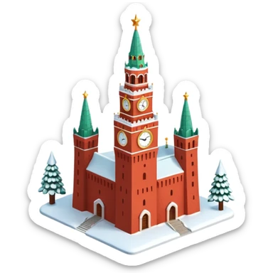 Apple iOS style emoji of the Moscow Kremlin Spasskaya Tower, winter
New Year edition. Red brick texture, snowy roof, golden clock face. Small festive garland with glowing lights wrapped around the tower. Bright red glowing star on top. 3D isometric  sticker