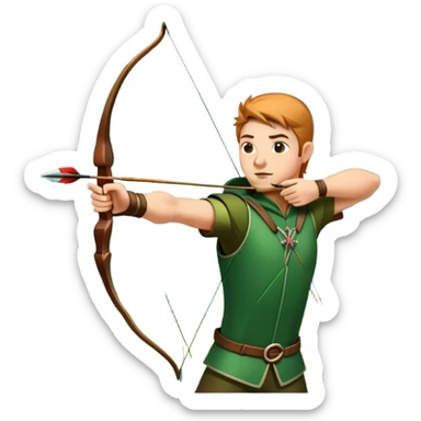 A skilled archer, resembling Robin Hood, drawing a bow and releasing an arrow towards a target. The scene captures the perfect moment of release, with the bowstring taut and the arrow flying toward the bullseye, set in a forest or archery range background. sticker