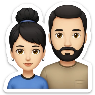 Man and woman standing next to eachother. Man is light skinned, black short hair and a full black beard that is trimmed. Woman has black hair and hazel eyes  sticker