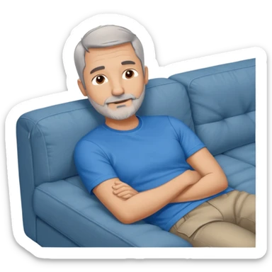 a 50 yo man short grey hair stubble beard laying on a ottoman of a light grey cord couch sticker