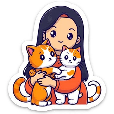 beautiful elegant girl with long black hair holding a friendly ginger cat sticker