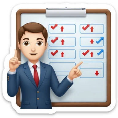professional figure pointing at a task board or flowchart. The character wears business casual clothing sticker