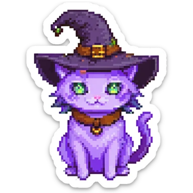 purple witch cat with a hat pixel art sticker