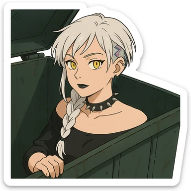 she is poking out from a garbage dumpster, a closeup portrait of young woman with gold yellow eyes, white hair, long braid, black off-shoulder top d-cup, punk gothic style, futuristic cyberwave cyberpunk, sticker