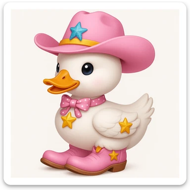 A white duck wearing a pink cowboy hat with a pink bow around its neck and pink cowboy boots with yellow stars, in ios 3d style. sticker