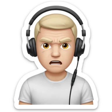 Male, angry, wearing headphone having mic, t-shirt 
 sticker