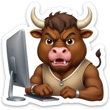 un toro arrabbiato seduto davanti al pc che impreca sticker