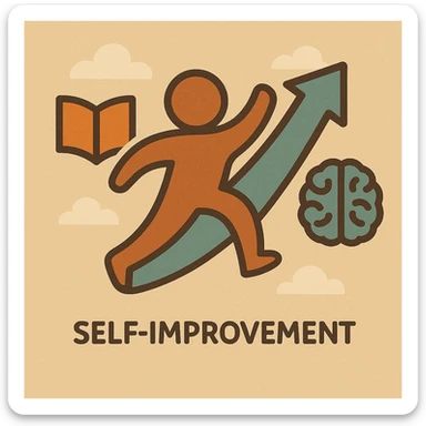 Add a book or brain icon to the self improvement logo. Keep the minimalist style with a stylized arrow and person. Use energetic orange and teal colors. Maintain the energetic and clean look. sticker