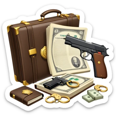 Icon for Action & Crime Reading: an open book with a silhouette of a gun, a bag of money, and a police badge on the pages. Surrounding elements include a pair of handcuffs, a briefcase, and scattered bullet casings. Transparent background. sticker